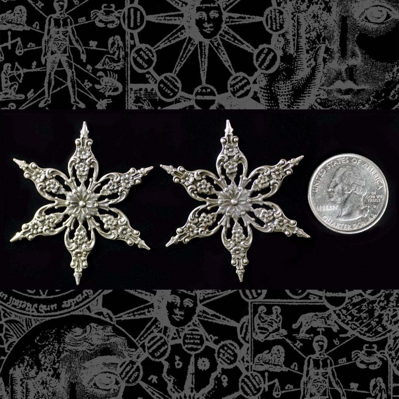 Antiqued Silver Plated Brass Star Shaped Floral Pendant Wraps - Set of Two - S-W28